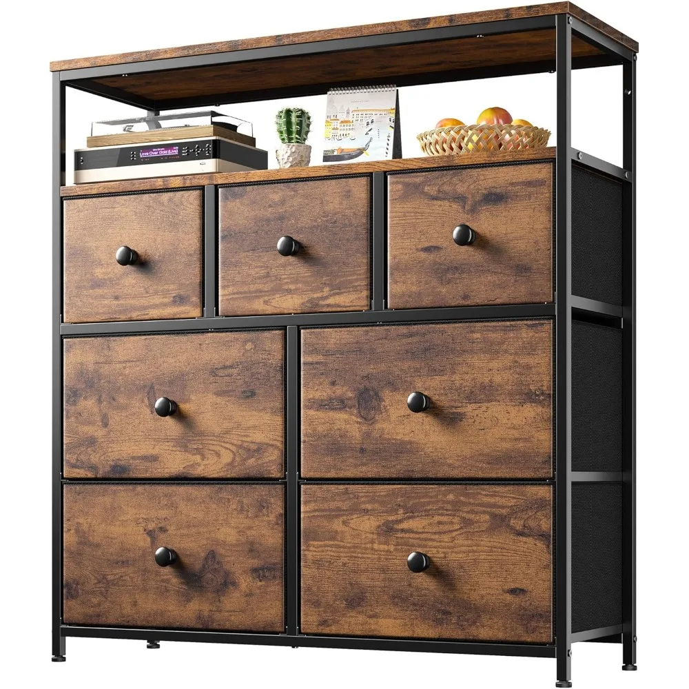 

Dresser for Bedroom with 7 Drawers and 2 Shelves, TV Stand Dresser for Closet with Wooden Top and Metal Frame,