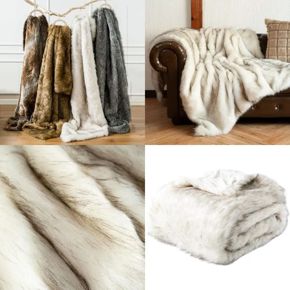 Elegant White Long Pile Faux Fur Blanket with Black Tips, 51x67, Plush and Warm for Couch or Bed