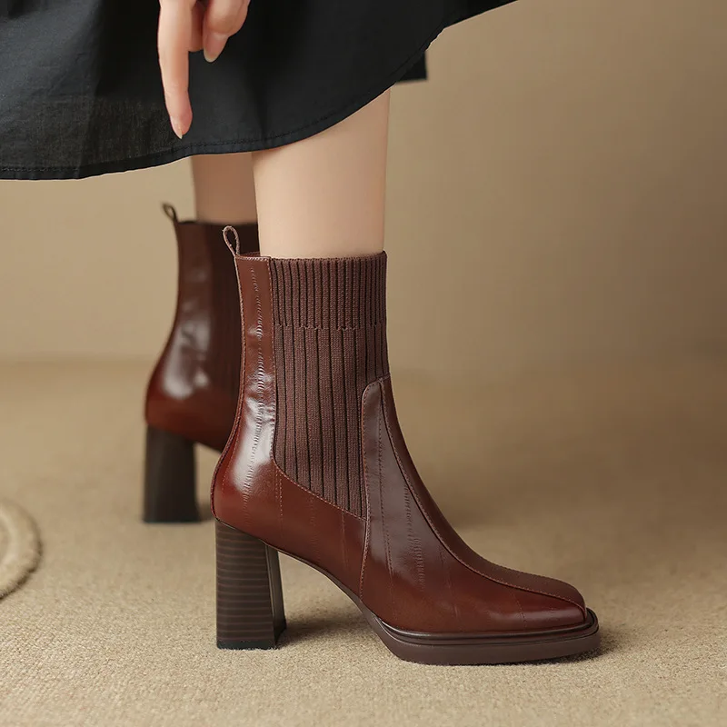 2023 New British Style Brown Thick Heel Short Boots Square Head Martin Boots Cover Foot Single Boot Woolen Boots Women's Boots