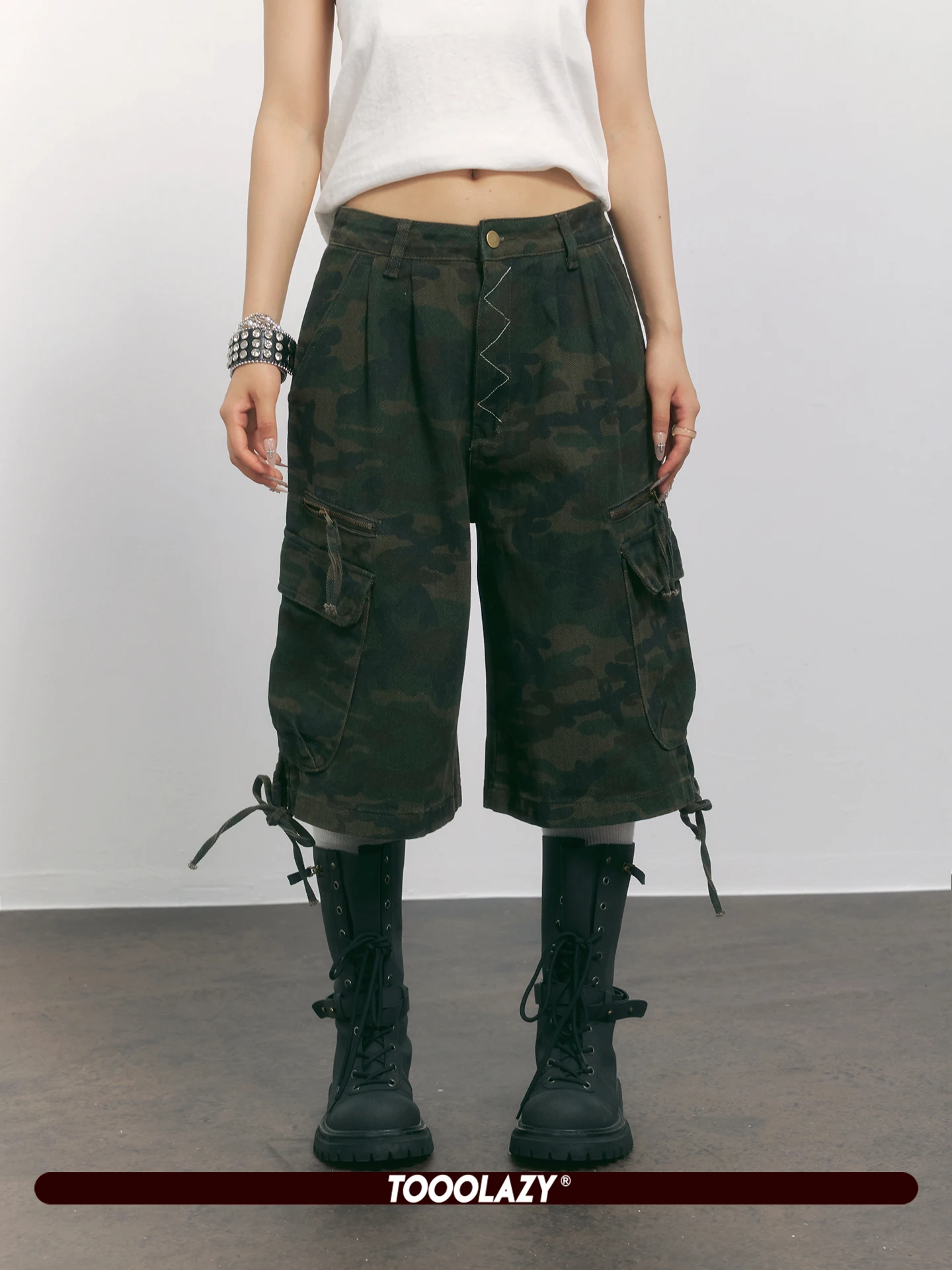 TooLazy American Camouflage Wide Leg Short Pants Women Summer Loose Multi Pocket Drawstring Casual Straight Cotton Trousers