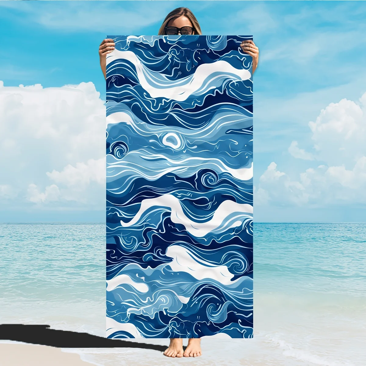 

Ocean Wave Beach Towel - Blue & White Wave Pattern, Soft Microfiber Quick Dry Sand-Free for Travel Pool Summer