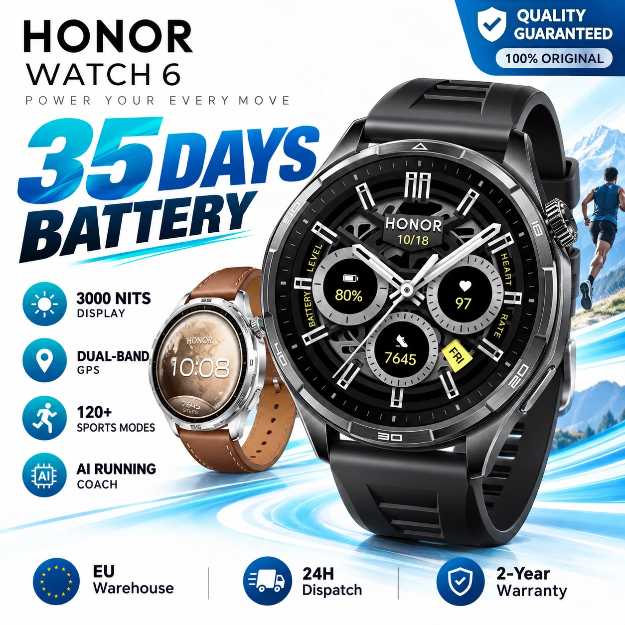 Honor Watch 6 GPS Smartwatch 46mm, 1,46" LTPS 3000 Nits, bis zu 35 Tage Akkulaufzeit, Pro-Football-Modus, Badminton-Modus, Dual-Band-GPS, NFC, 120+ Sportarten, Gesundheitsüberwachung