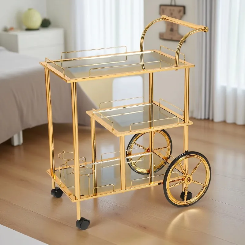 Light Luxury Metal Dining Cart Tea Cart Mobile Trolley Multi-Layer Storage Rack for Living Room Bedroom Bathroom-European Style