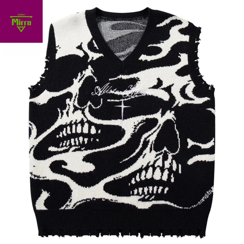 

Свитера с рисунком черепа, вязаные жилеты, мужская уличная одежда, Harajuku, хип-хоп, большие свитера Y2K, повседневные вязаные свитера, жилет