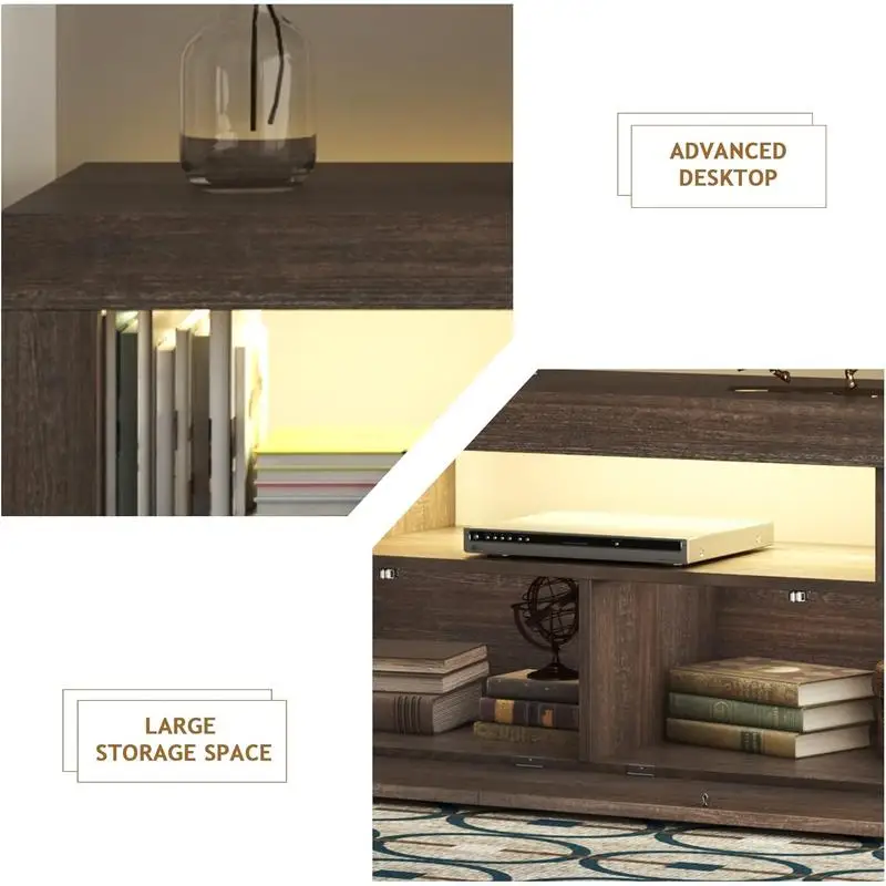 ขาตั้งทีวี LED ทันสมัยพร้อมลิ้นชักเก็บของขนาดใหญ่สำหรับทีวีขนาด 40-75 นิ้ว, คอนโซลไม้สีน้ำตาลสไตล์ฟาร์มเฮาส์สำหรับห้องนั่งเล่นและห้องนอน