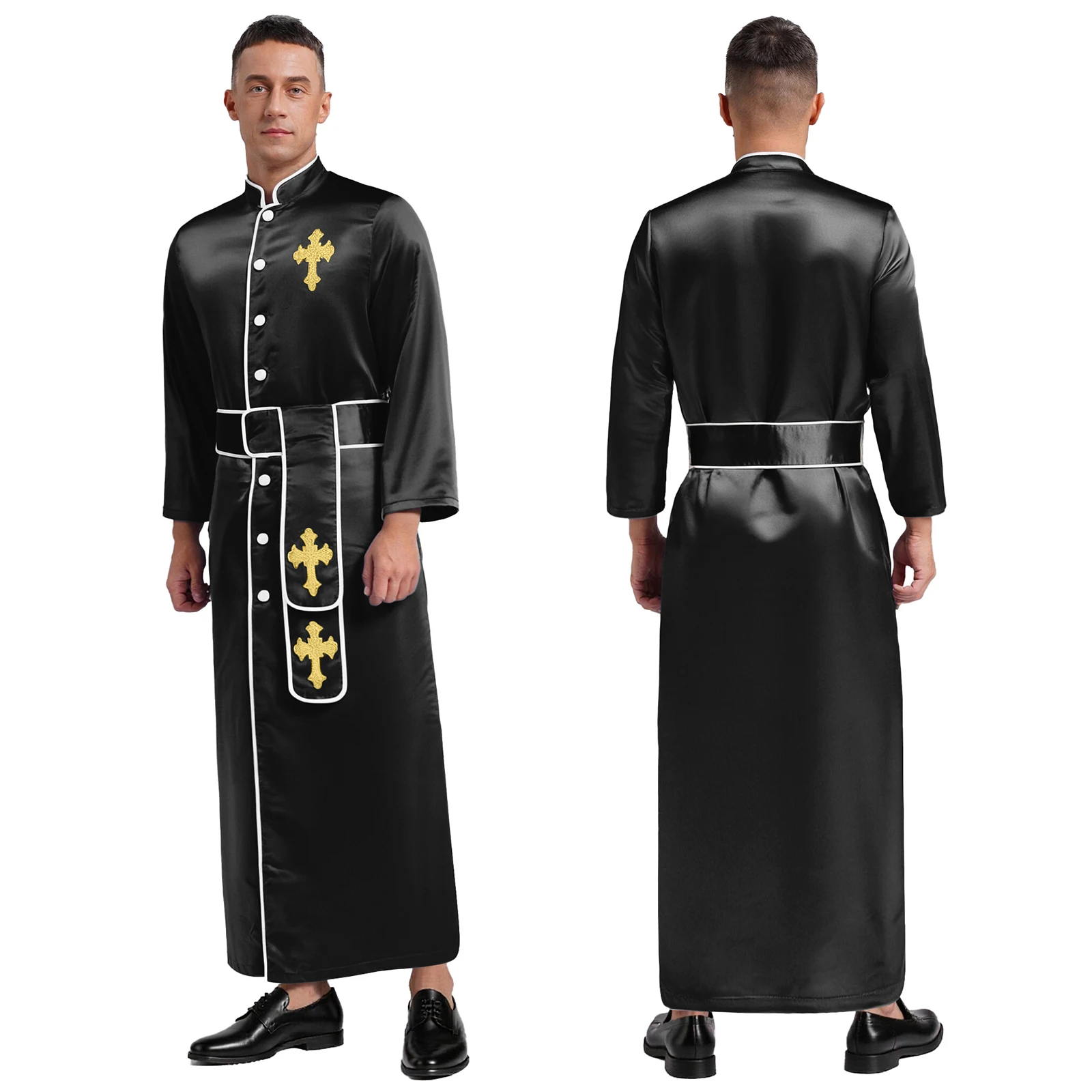 

Men's Liturgical Worship Priest Cosplay Robe with Belt Shiny Cross Embroidery Cassock Dress for Halloween Party Pastor Costumes