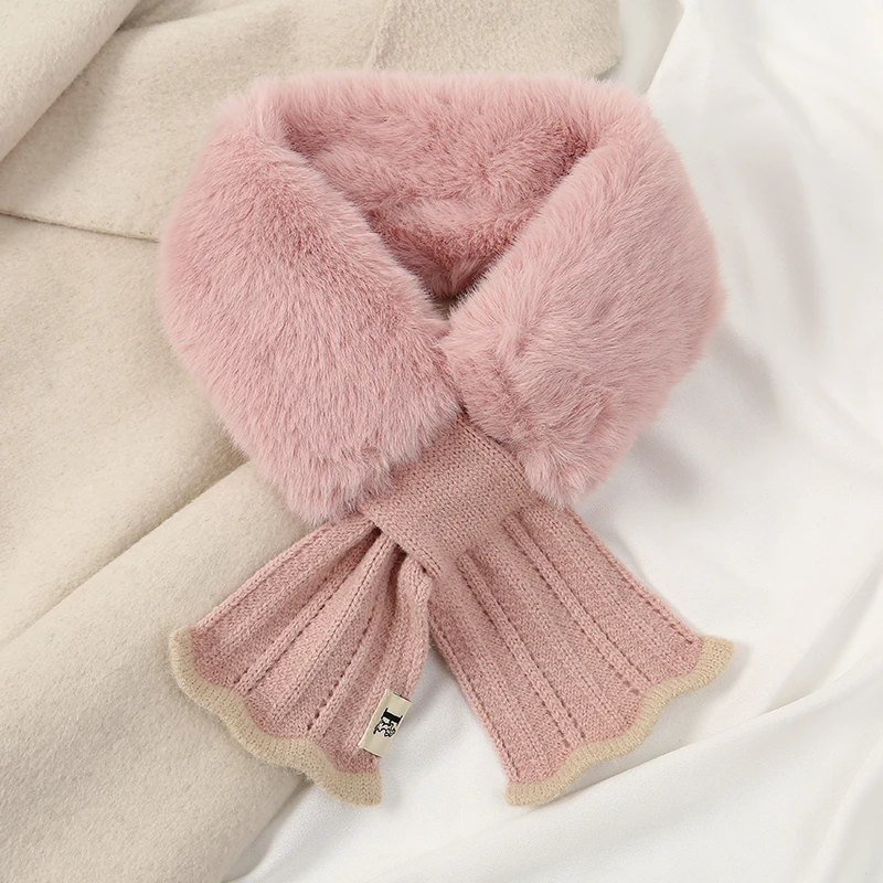 Winter Scarf Women Warm Thicken Solid Color Faux Rabbit Fur Plush Cross Collar Shawl Elegant Warm Soft Comfortable Scarf