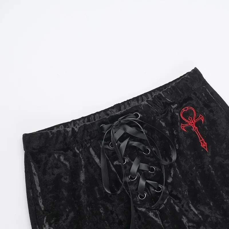 Harajuku Fashion Cross Embroidery Soft Long Pant Velvet High Waist Flare Pants Women Autumn Mall Gothic Slim Trousers