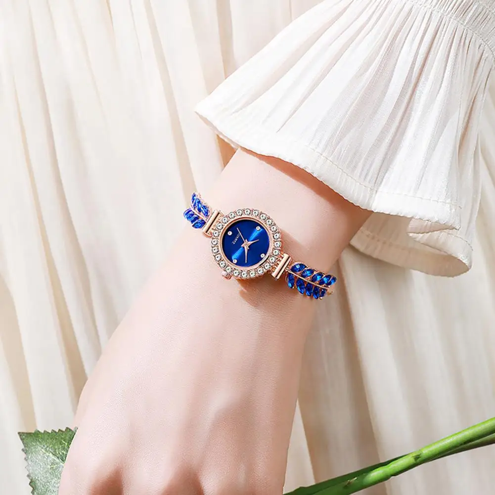 Women Watch Women Rhinestone Leaf Watch Round Dial Quartz Bracelet Formal Dress Wristwatch Fashion Jewelry Accessory for Ladies