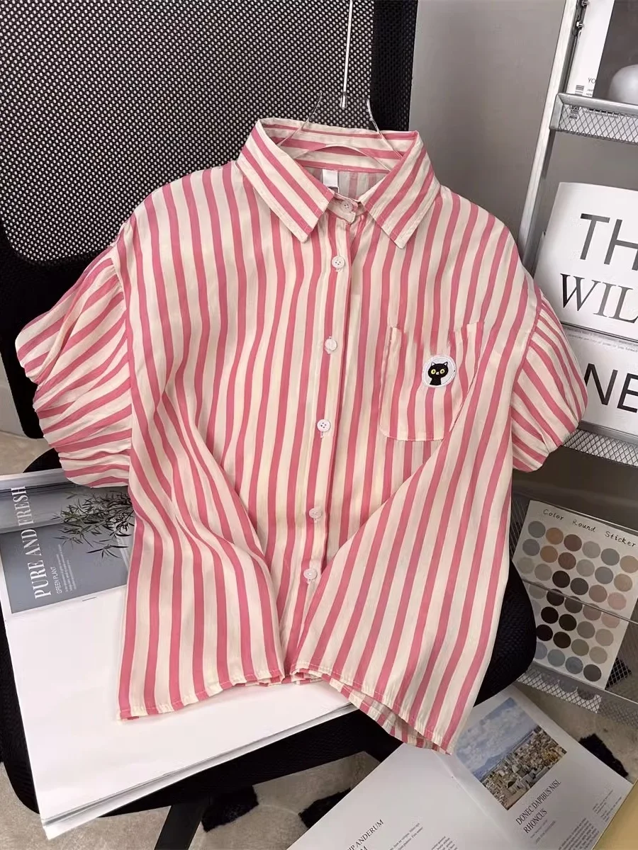 

Retro Japanese Sle Collar irt Casual Bubble ort Sve Women Men Summer Fre Linen Blouse Striped Pattern Loose Fit