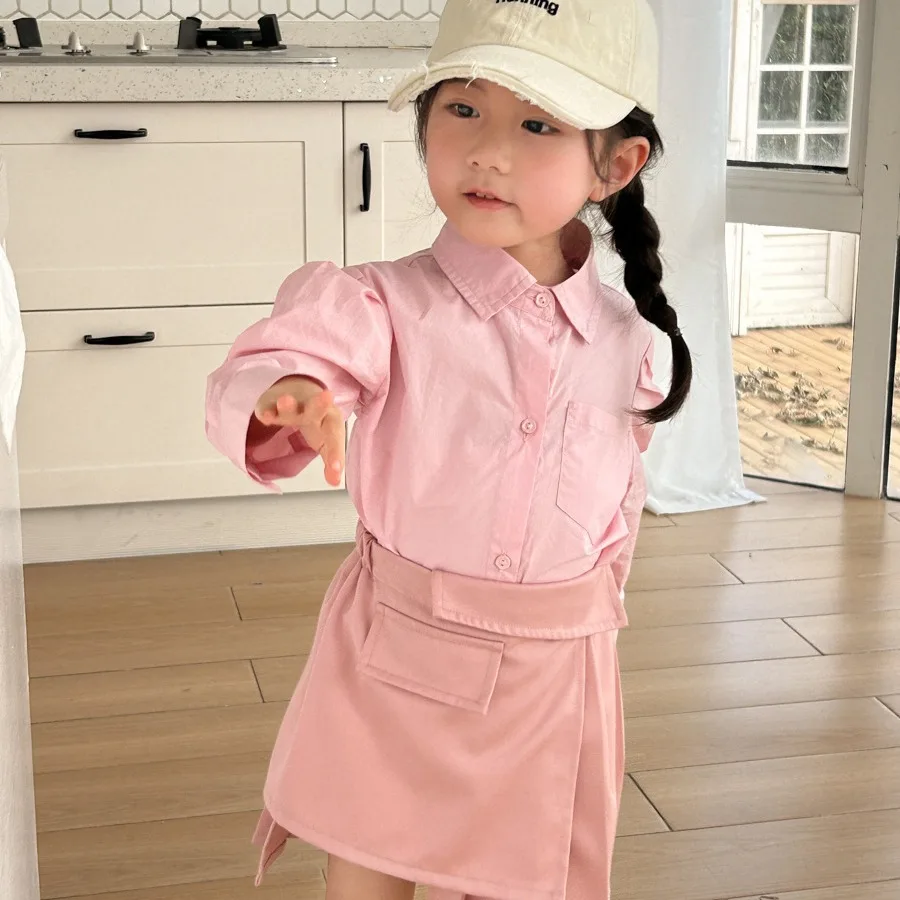 Children Clothing Set 2024 Spring Summer Korean Style Retro Girls Lapel Long-sleeved Shirt Design Pleated Skirt Two-piece Set