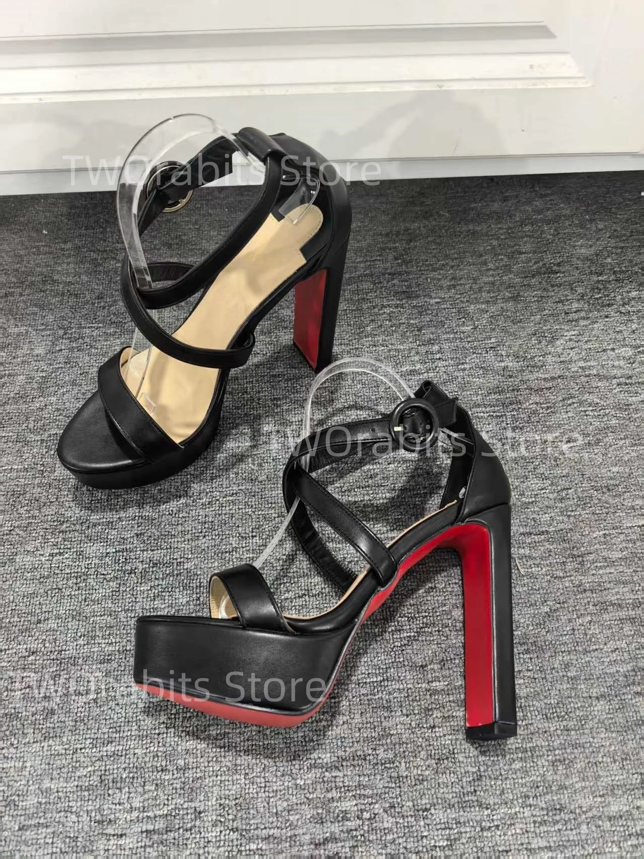 

New Thick Sole Women Dress Shoes Sexy Vintage Platform Chunky Heel Printed Sandals Summer Open Toe Ankle Buckle Super High Heel
