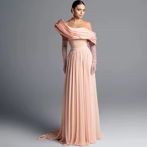 High Quality Chiffon Evening Dress Graceful Sweep Train Customized Celebrity Dresses Delicate Detachable Sleeve Celebrity Gowns