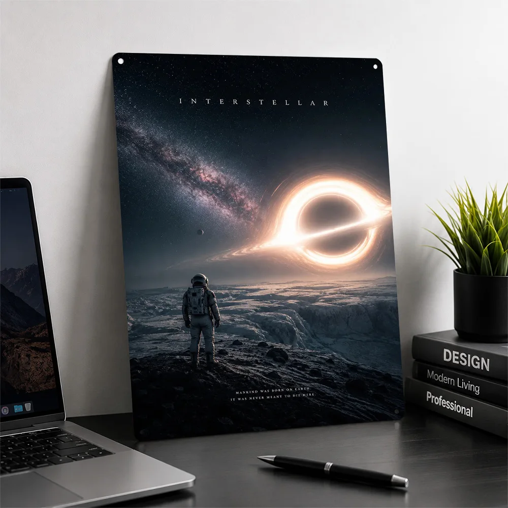 Interstellar Astronaut and Black Hole 3D Texture Printed Poster Custom Vintage Metal Tin Plate Sign for Wall Art Decoration Room