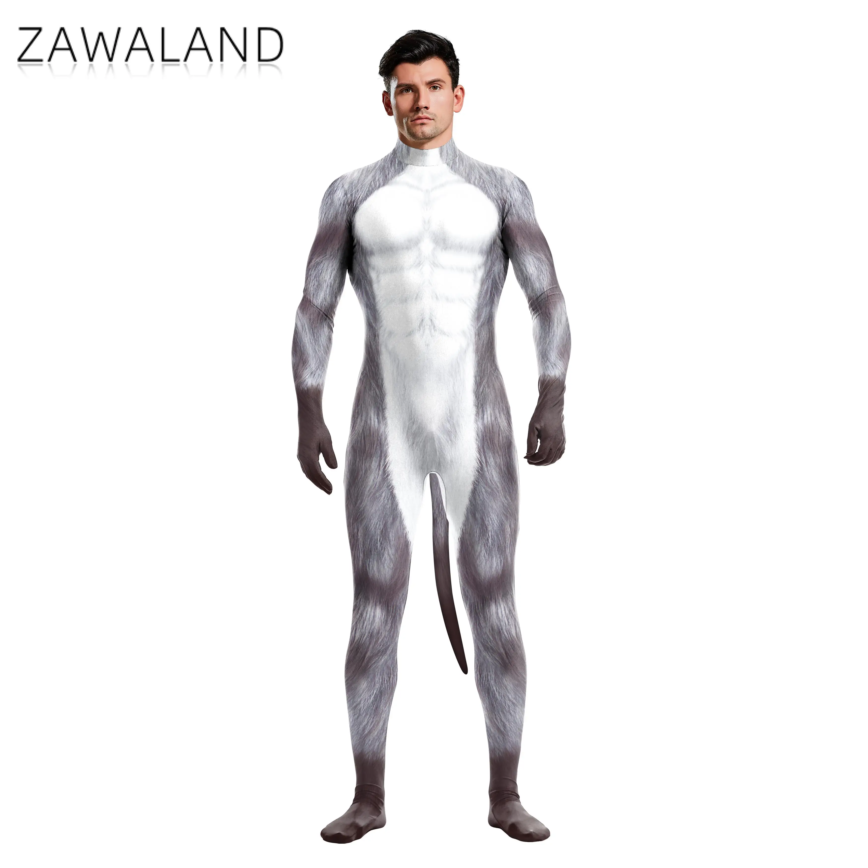 Zawaland Halloween carnevale Cosplay Snow Wolf tuta stampata in 3D manica lunga costumi attillati Catsuit body Zentai con coda