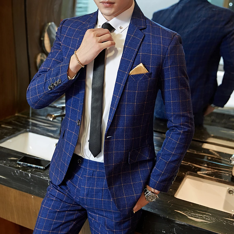 

Men's Casual Plaid Suit Two-Piece Set Business No-Ironing Best Man (Blazer+ Trousers) Single Breasted Slim-fit Formal Tuxedo