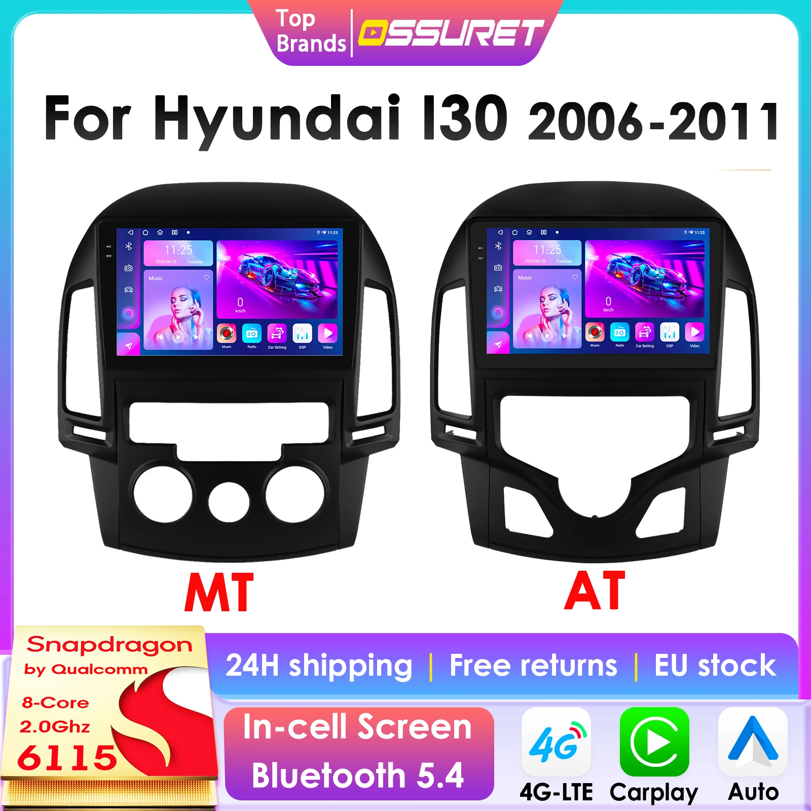 Autoradio Android Carplay 2Din pour Hyundai I30 i30 AT MT 2006 – 2011, lecteur multimédia de voiture, Navi GPS Autoradio 4G-LET RDS 6115
