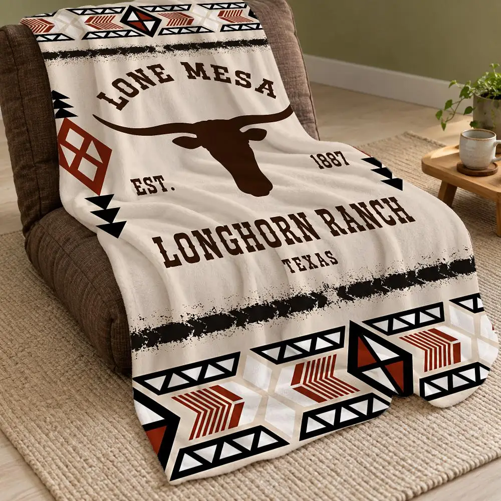 Western Ranch Geo Border Throw Double Sided Flannel Throw Blanket Soft Warm Washable Home Decor