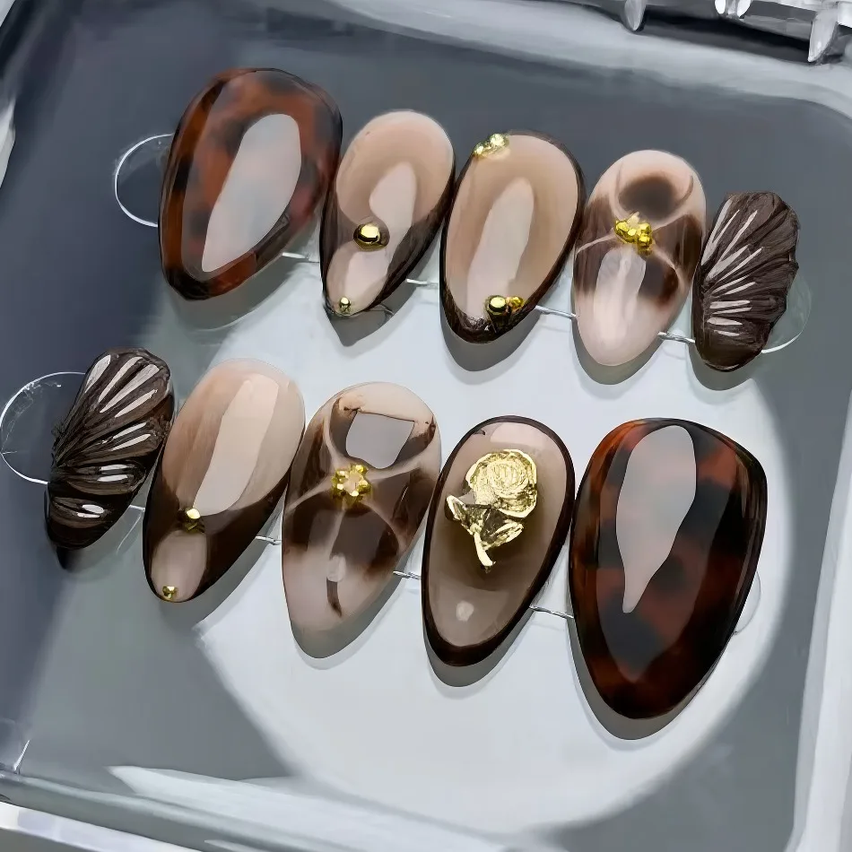 Tortoiseshell Print 3D Shell Gold Rose Metal Stud Handmade Press On Nails Reusable False Nail Art For Party Holiday Wear JT39