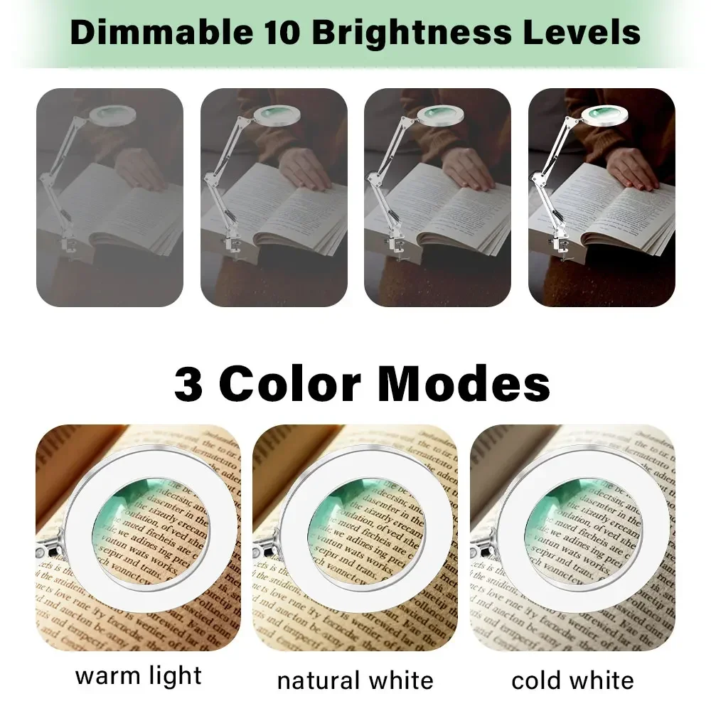 Vergrößerungsglas mit 72 LEDs, 10-fache Vergrößerung, USB, 3 Farben LED-Beleuchtung, NEU für Lötkolben-Reparatur/Tischlampe/Hautpflege – Detail 5