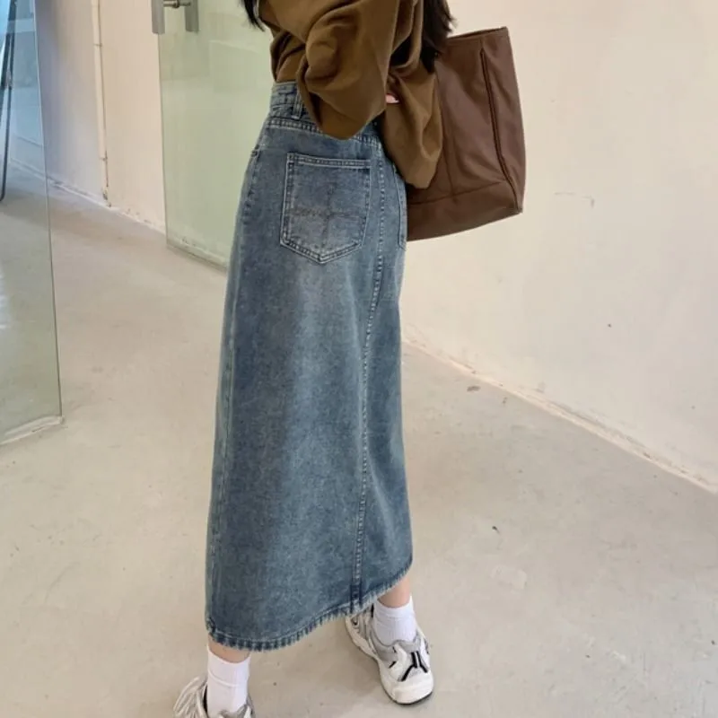 여름 하이웨이스트 A라인 스커트 여성용 루즈 슬림핏 미디 길이 데님 스플릿 스커트 패셔너블 비즈니스 캐주얼 코튼...