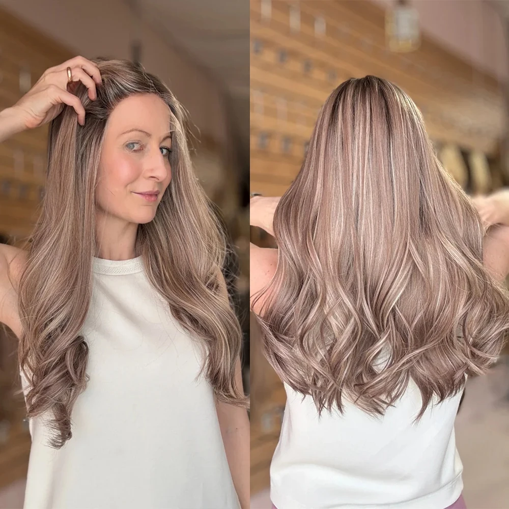 Smoky Beige Blonde Ash Roots Synthetic Lace Front Wig for Women Heat Resistant Loose Wave HD Lace Wig Cosplay Daily Party Use