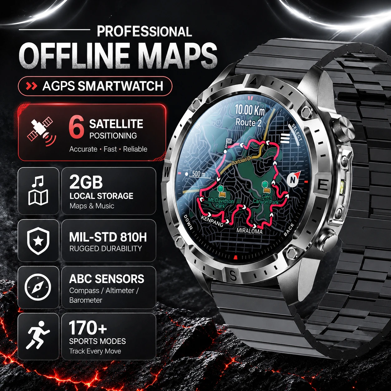 

2026 Upgrade Men GPS Smart Watch Offline Maps 2GB 6 Satellite Positioning MIL-STD 810H ABC Sensor 170+Sports Smart Bracelets iOS