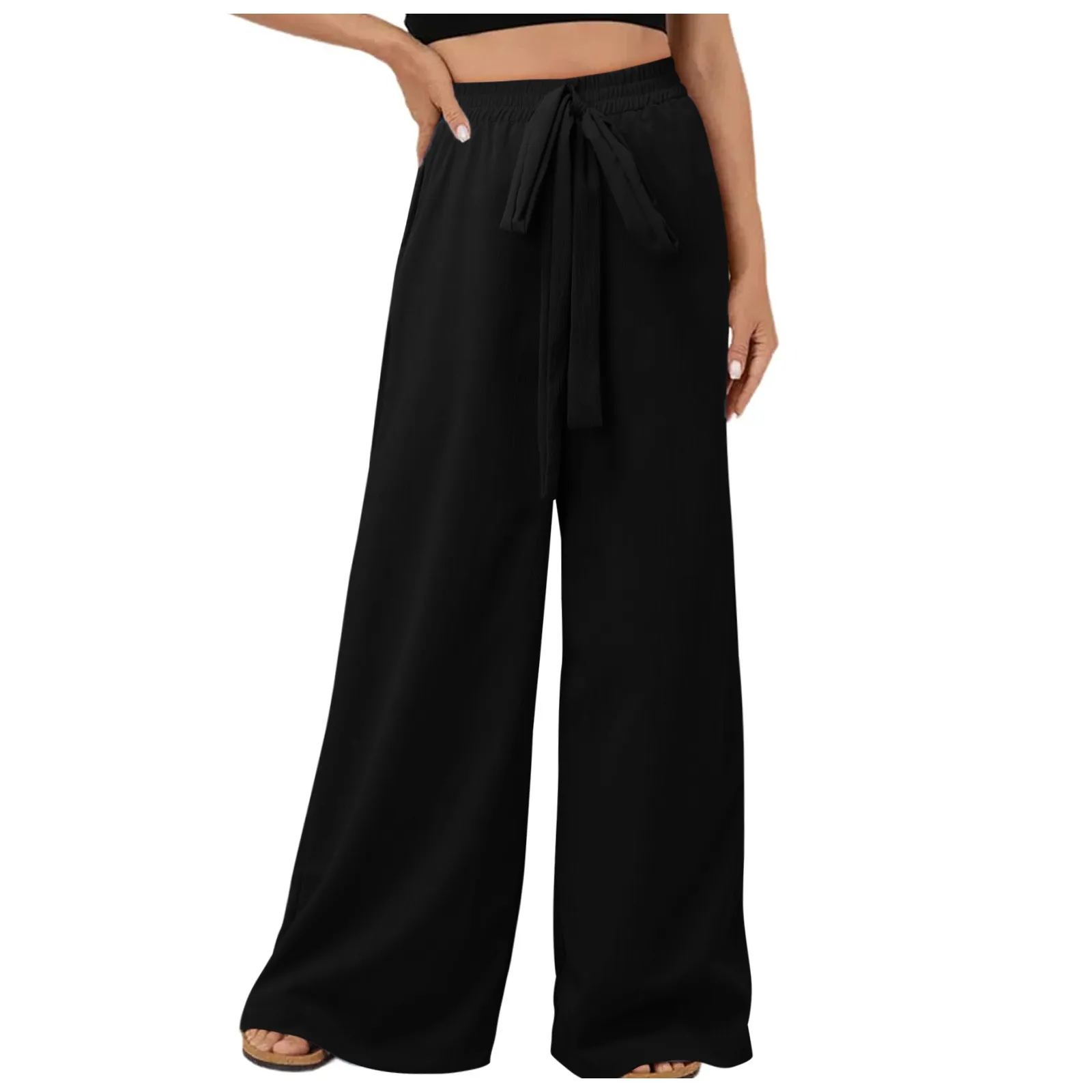 2024 Spring Summer Straight Loose Drawstring Trousers Casual Pants Fashion Office Lady Solid Loose High Waist Long Pants