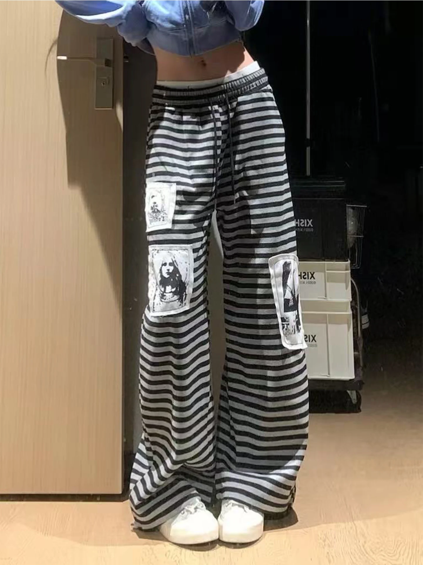 Retro American Distressed Stripe Patchwork Wide Leg Pants Women's Loose Drawstring Sport Casual Pants Knife  Long Trousers