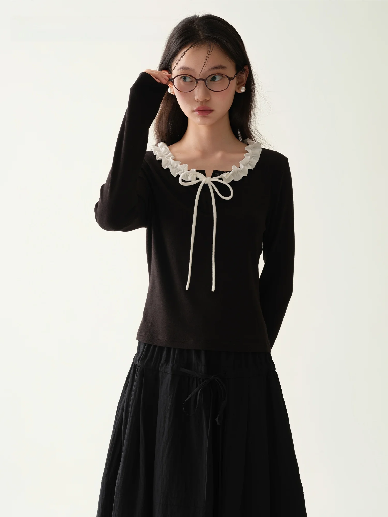 

Babymoon Women's Long Velvet Modal Blend T-Shirt with Bow Tie Color Block Lace Casual Style Slim Fit Long Sleeve Top