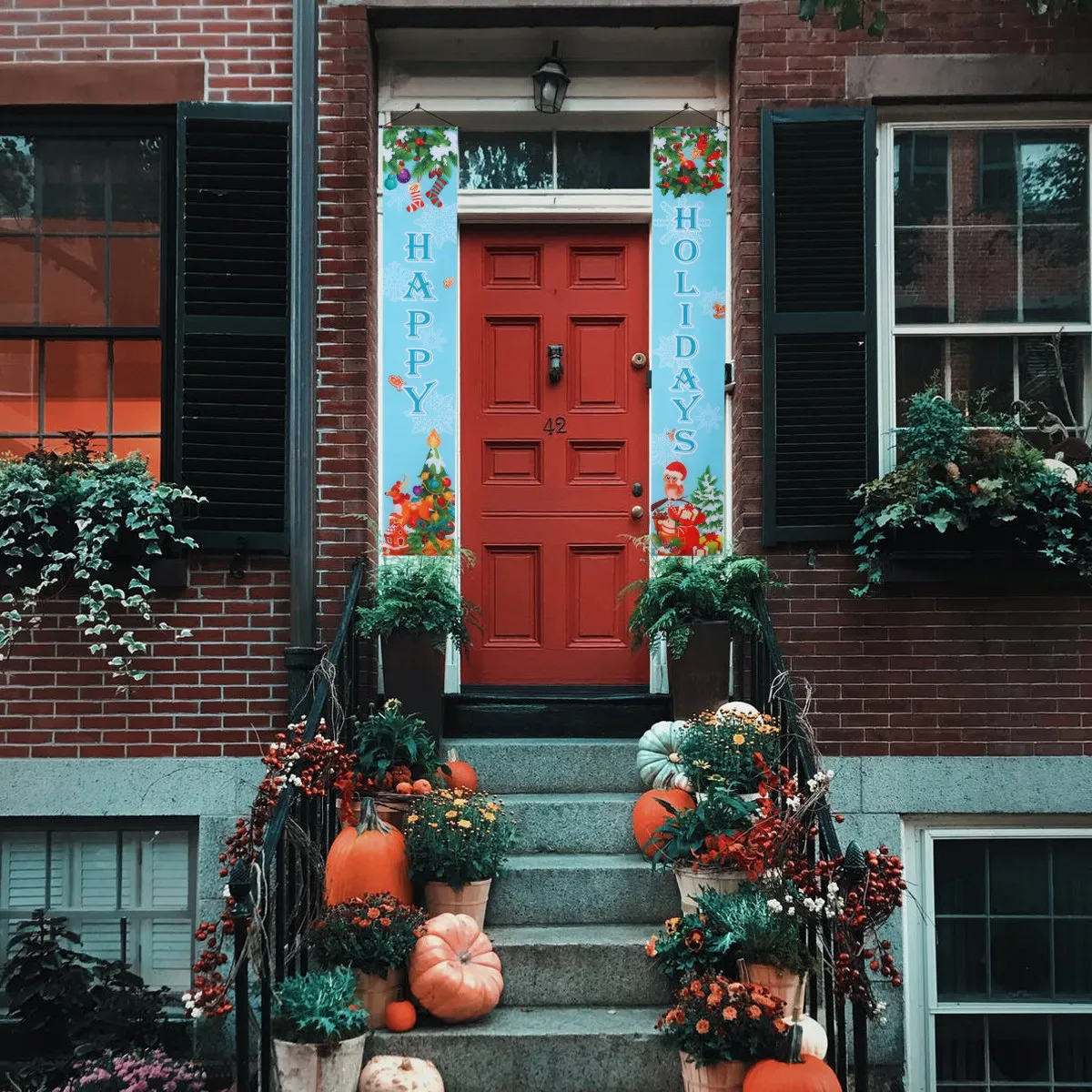 

2pcs Christmas Door Curtains Polyester Holiday Decor Banners Wall Door Couplet Merry Outdoor Welcome Signs Reusable Lightweight
