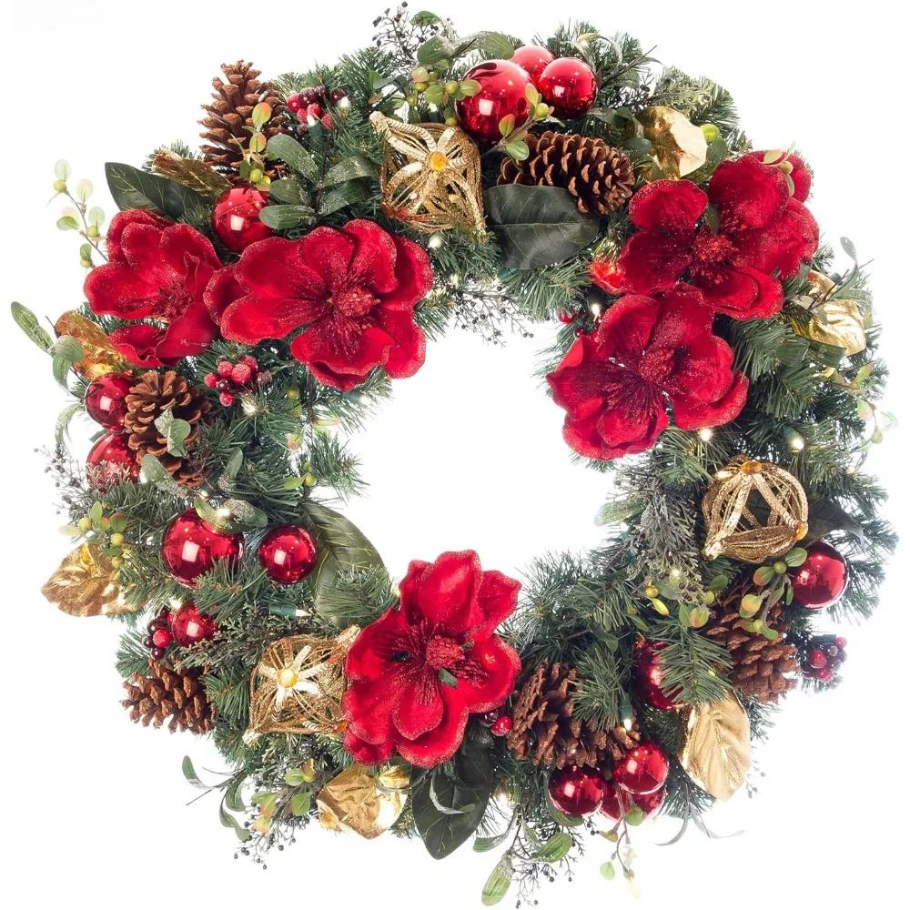 

Red Magnolia Collection - Red and Gold Decoration - Pre Lit with 50 Warm Clear Colored LED Mini Lights