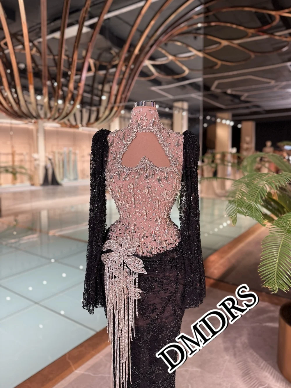 

DMDRS Romantic Long-Sleeve Evening Dress, Exquisite Crystal A-Line Party Gown, Elegant Sparkly Floor-Length Party Dress