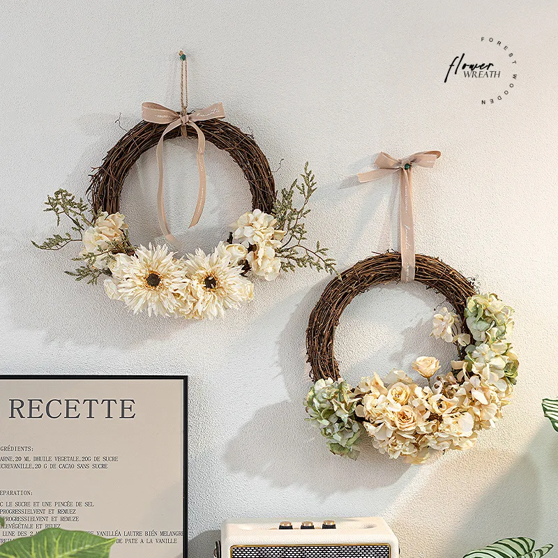 

Artificial Flower Wreath, Realistic Rattan Floral Wall Hanging, Faux Garland Decor for Living Room, Bedroom, Door Wall Ornament