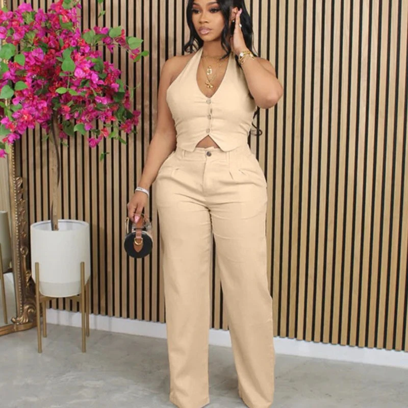 Doyerl Vintage Elegant Pants Sets Woman 2 Piece Outfit Party Club Halter Backless Vest Top and Wide Leg Pants Matching Sets