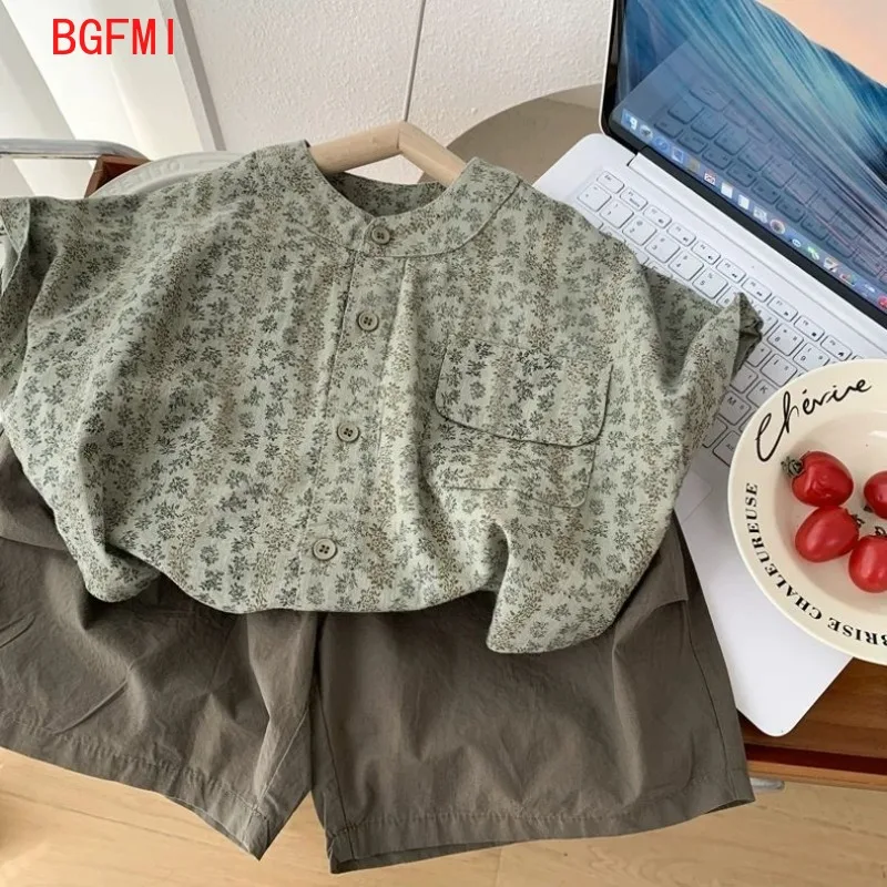 Japanese Boys' Cotton Short Sleeved Printed Shirt+ Shorts Set 2026 Summer New Kid Fashion 2pcs Set Retro Children's Clothing
