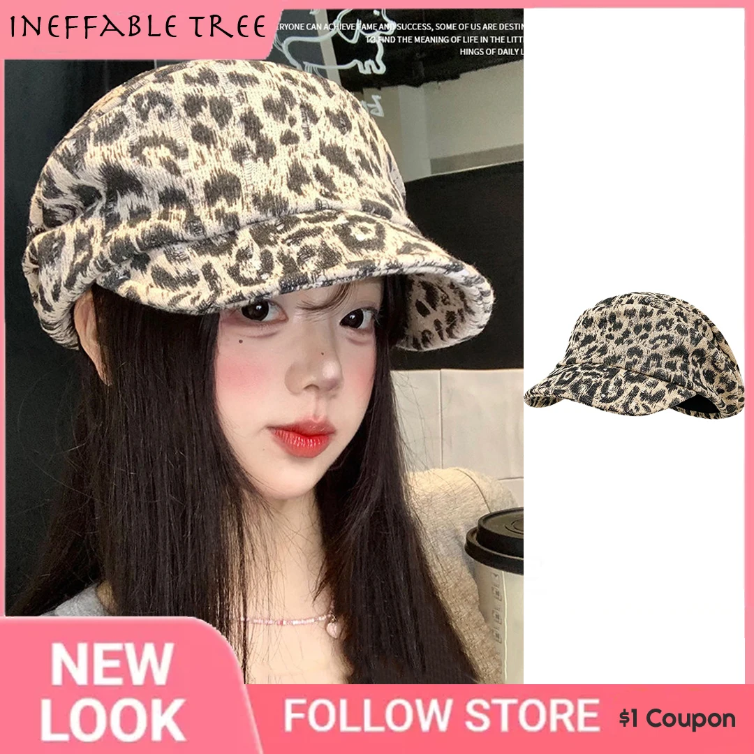 Y2K Vintage Spice Girl Leopard Beret Hat for Women Summer Autumn Streetwear Casual Literary Newsboy Painter Caps Boina Mujer