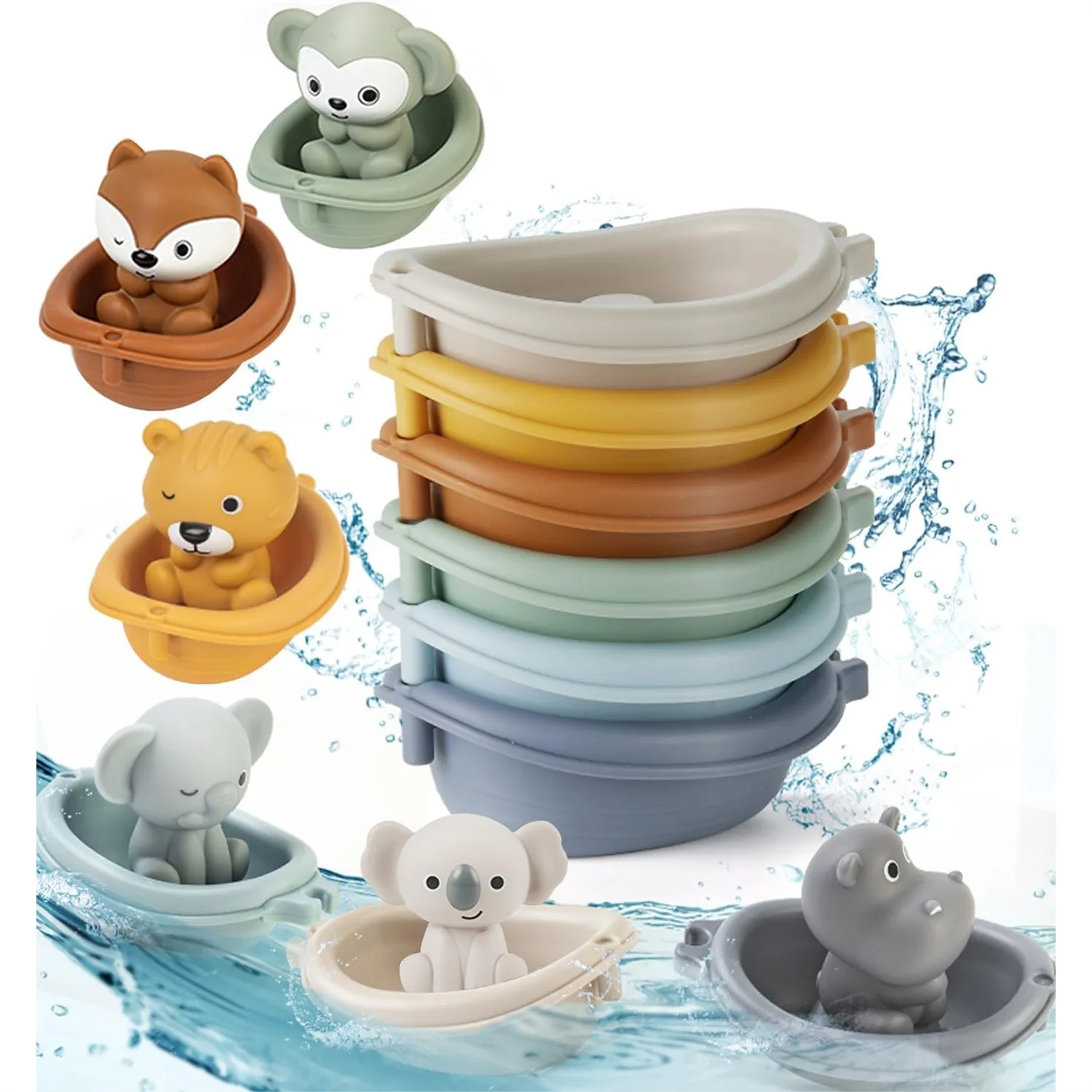 

Baby Bath Toy Stackable Floating Boat Train with Animal Finger Puppets Silicone Hand Puppet Educational Toys for Toddlers Party