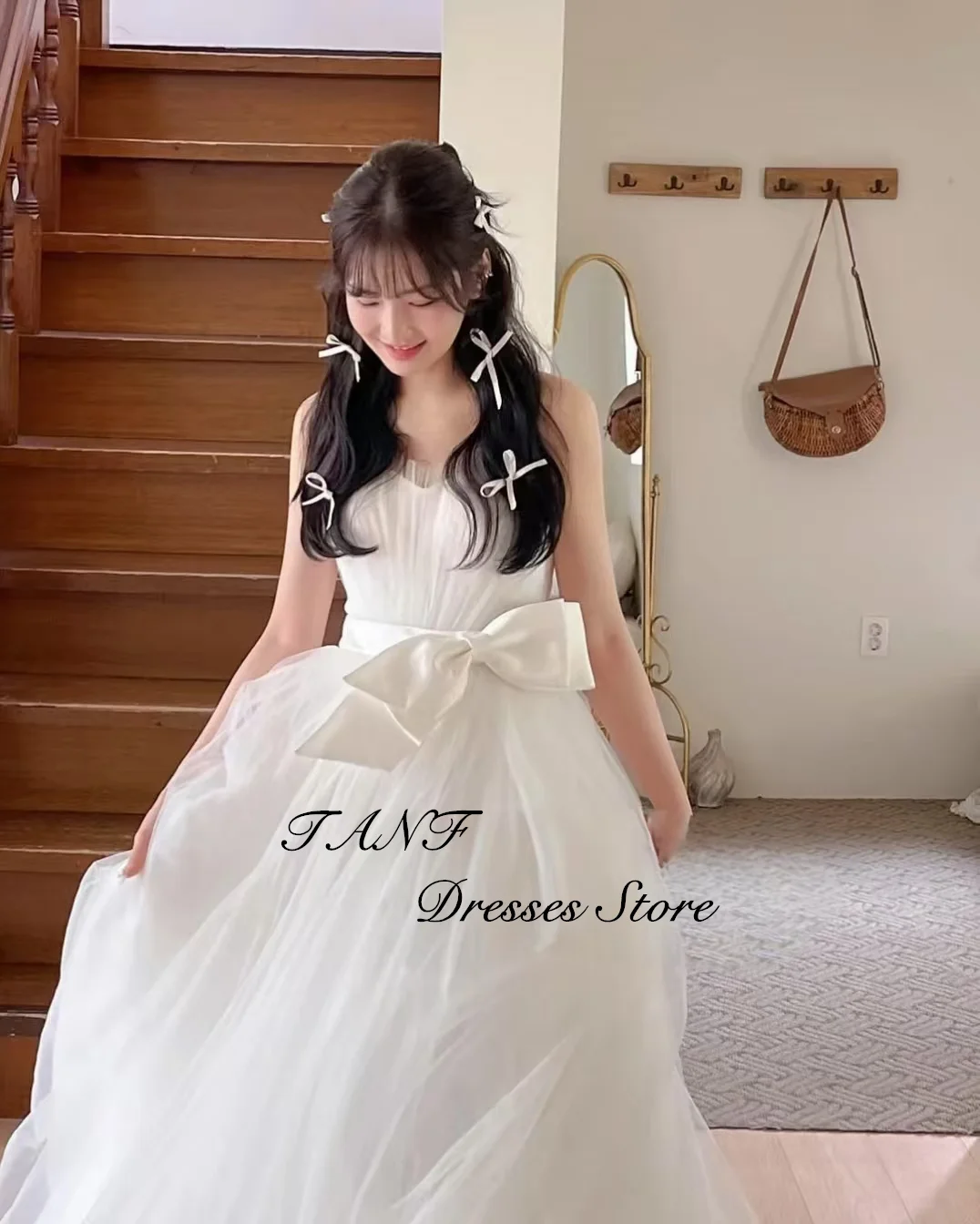 TAFN  Simple A-line Strapless Korea Wedding Dresses Photo Shoot Pleat Soft Tulle Dress Customized Corset Formal Party Gown