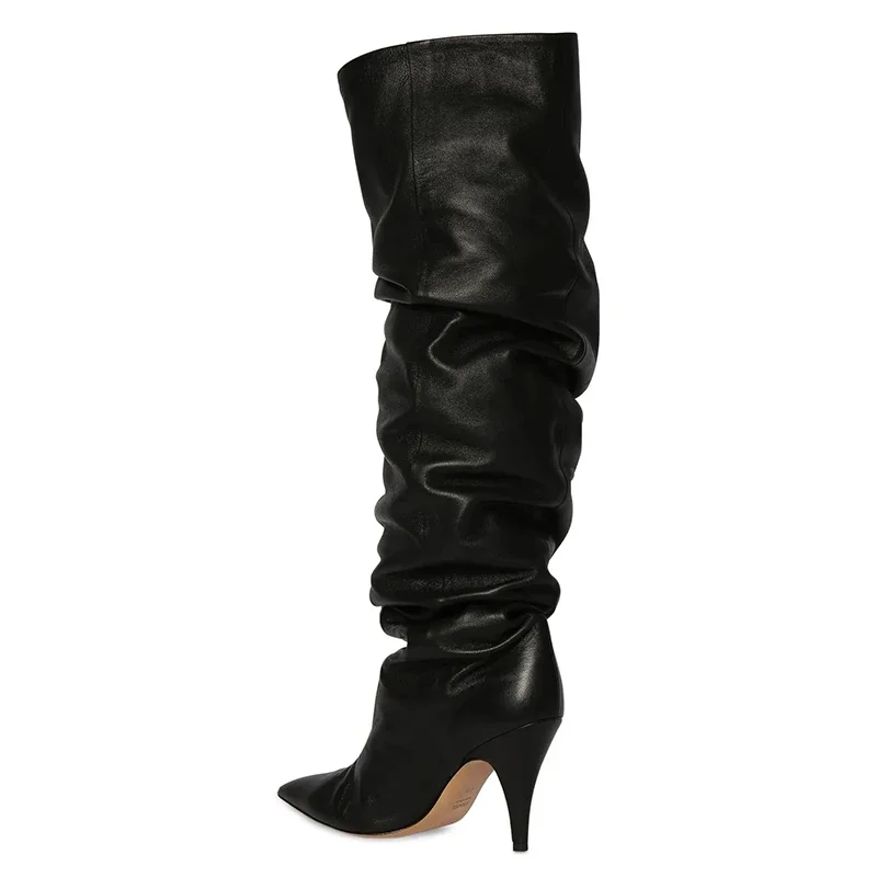 JOZHAMTA Size 32-43 Women Ruched Boots Knee High Real Leather Sexy Pointy Stiletto High Heels Winter Shoes Fall 2025 Long Boots