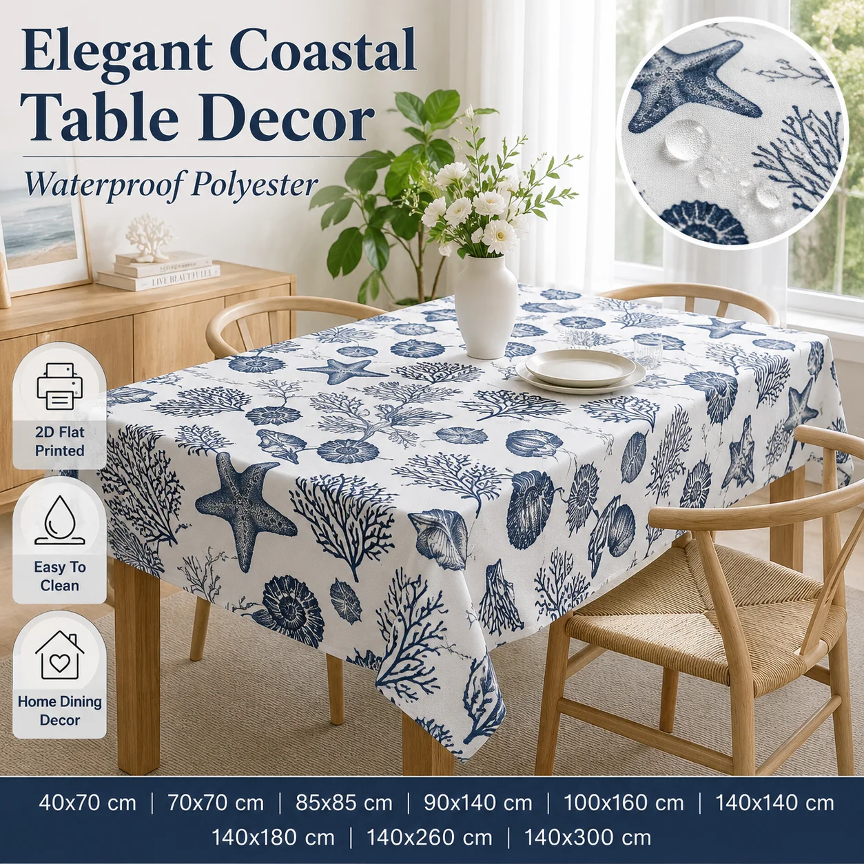 

Elegant Marine Ocean Tablecloth 2D Flat Printed Waterproof Polyester Blue Shell Table Cover For Summer Beach House Dining Party