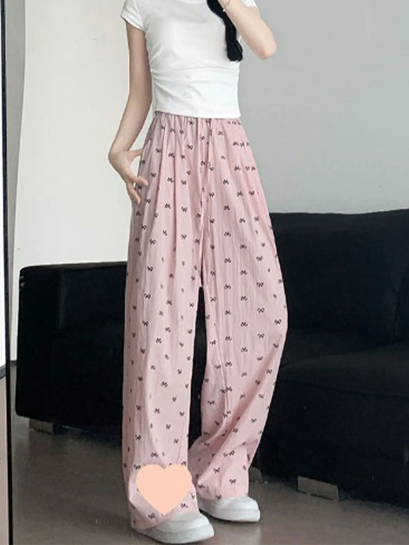 แฟชั่นโบว์กางเกงขากว้างผู้หญิงฤดูร้อนเอวสูงสลิมมิ่ง