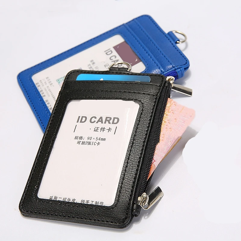 Leather Work Card Sleeve with Zipper Inner Pocket for Staff Bus Pass Card Case Credit Card Holder Name Badges ID Holders Cover
