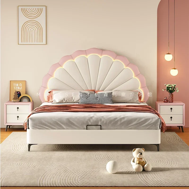 JJPrincess Soft Leather Bed Modern Luxury Lights Girls Loft Children Beds Single Queen Camas De Dormitorio Furniture For Bedroom