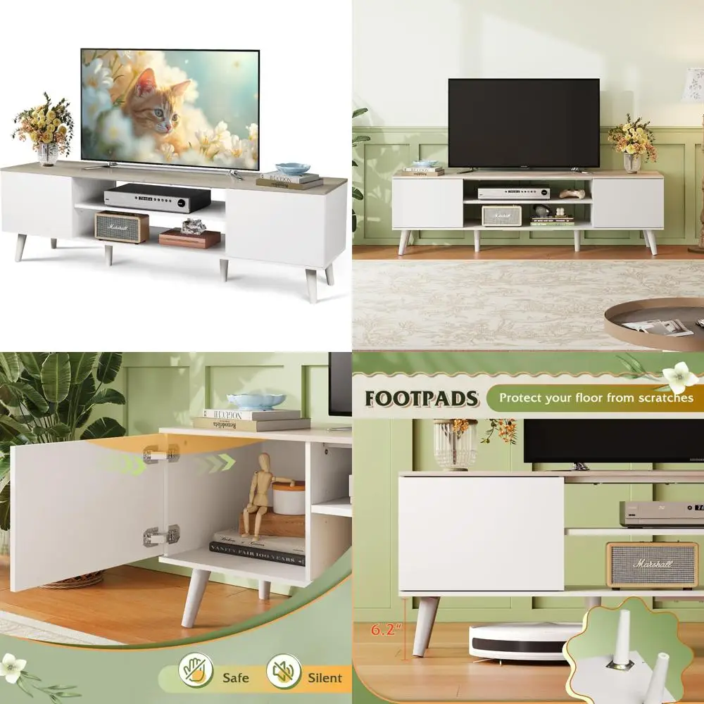 Centro de entretenimiento estilo Boho con almacenamiento, soporte para TV para televisores de 65-70 pulgadas, decoración para sala de estar, consola blanca gris