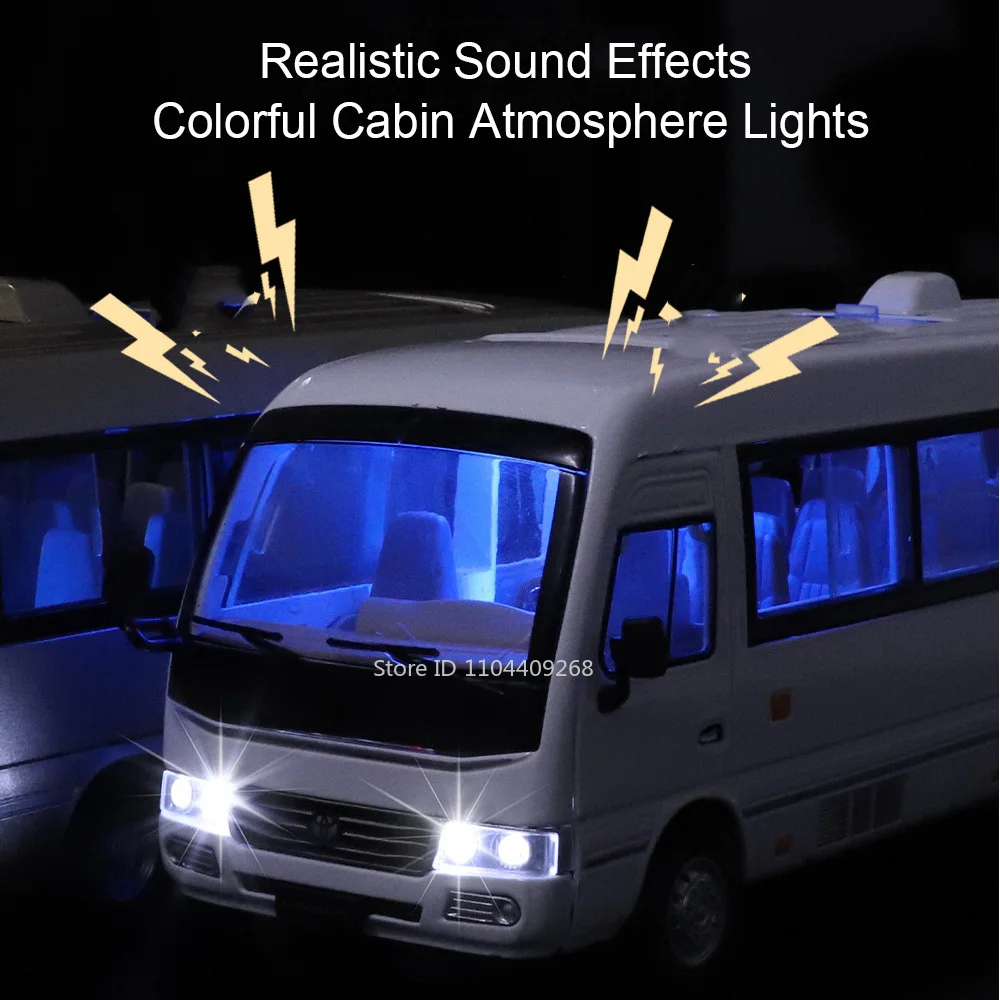 1:24 스케일 코스터 모델카 장난감 문 열림 미니어처 버스 소리와 빛 금속 다이캐스트 차량 모델 취미 선물 소년용