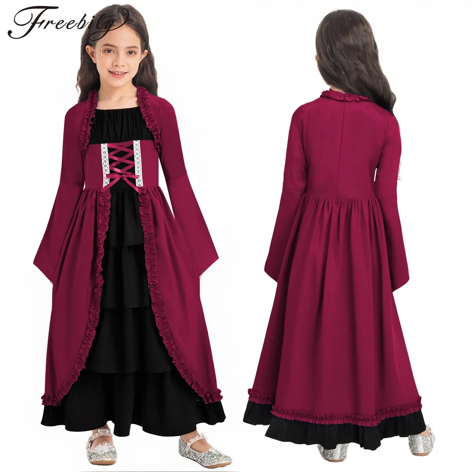 Kids Girls Halloween Medieval Renaissance Cosplay Costume Long Flare Sleeve Zipper Layered Ruffled Maxi Vintage Peasant Dress