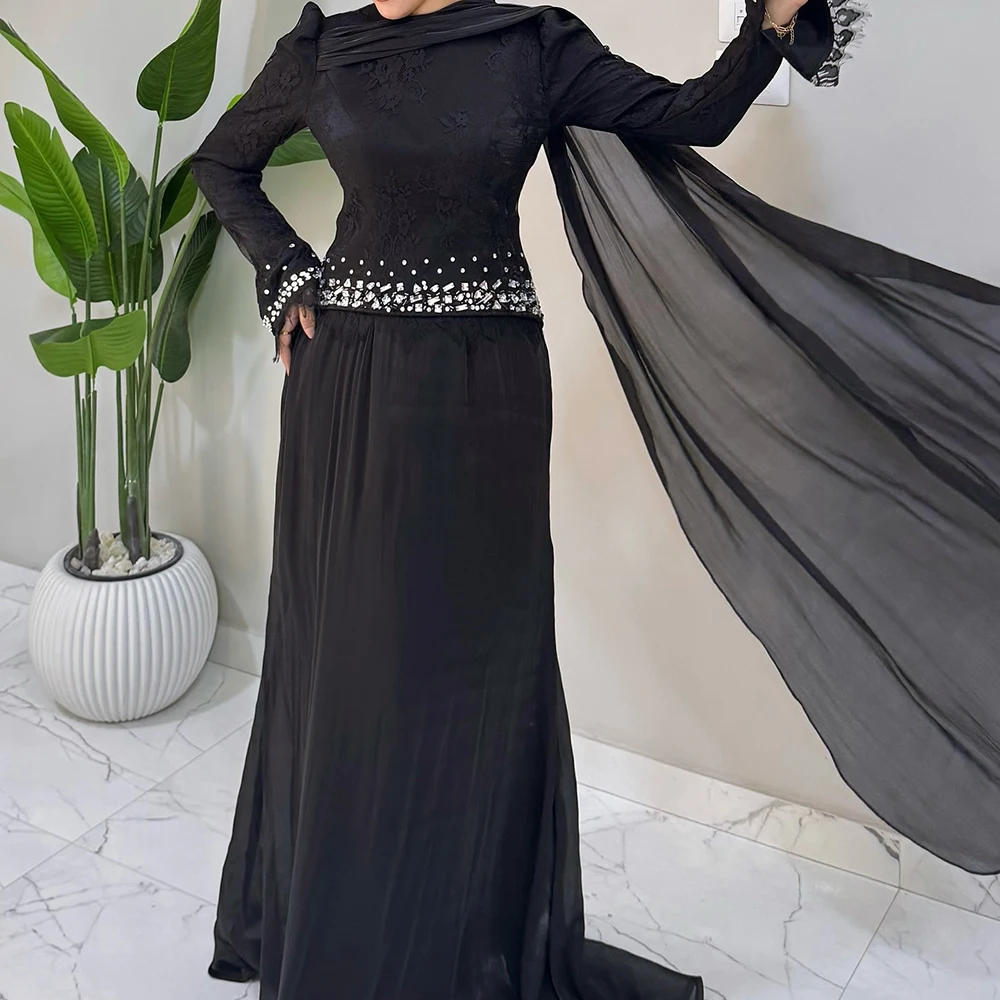 

Customized A-line Evening Dresses Floor-length High-neck Full Sleeve Prom Gown Fashion Crystal Simple Stole Draped Party Gown