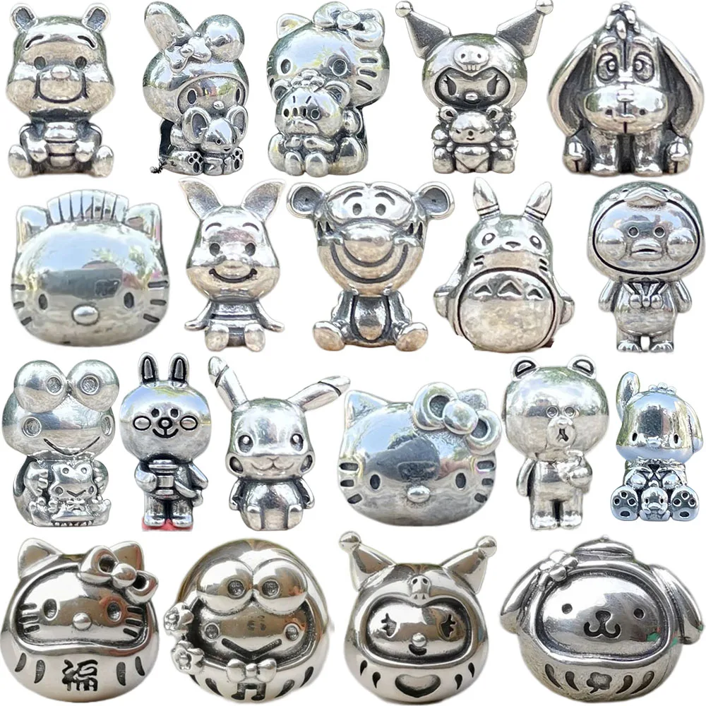 Sanrio Kawaii Hello Kitty – breloques en argent Sterling 925, perles pendantes adaptées aux bracelets originaux, porte-clés, collier, bijoux DIY pour femmes
