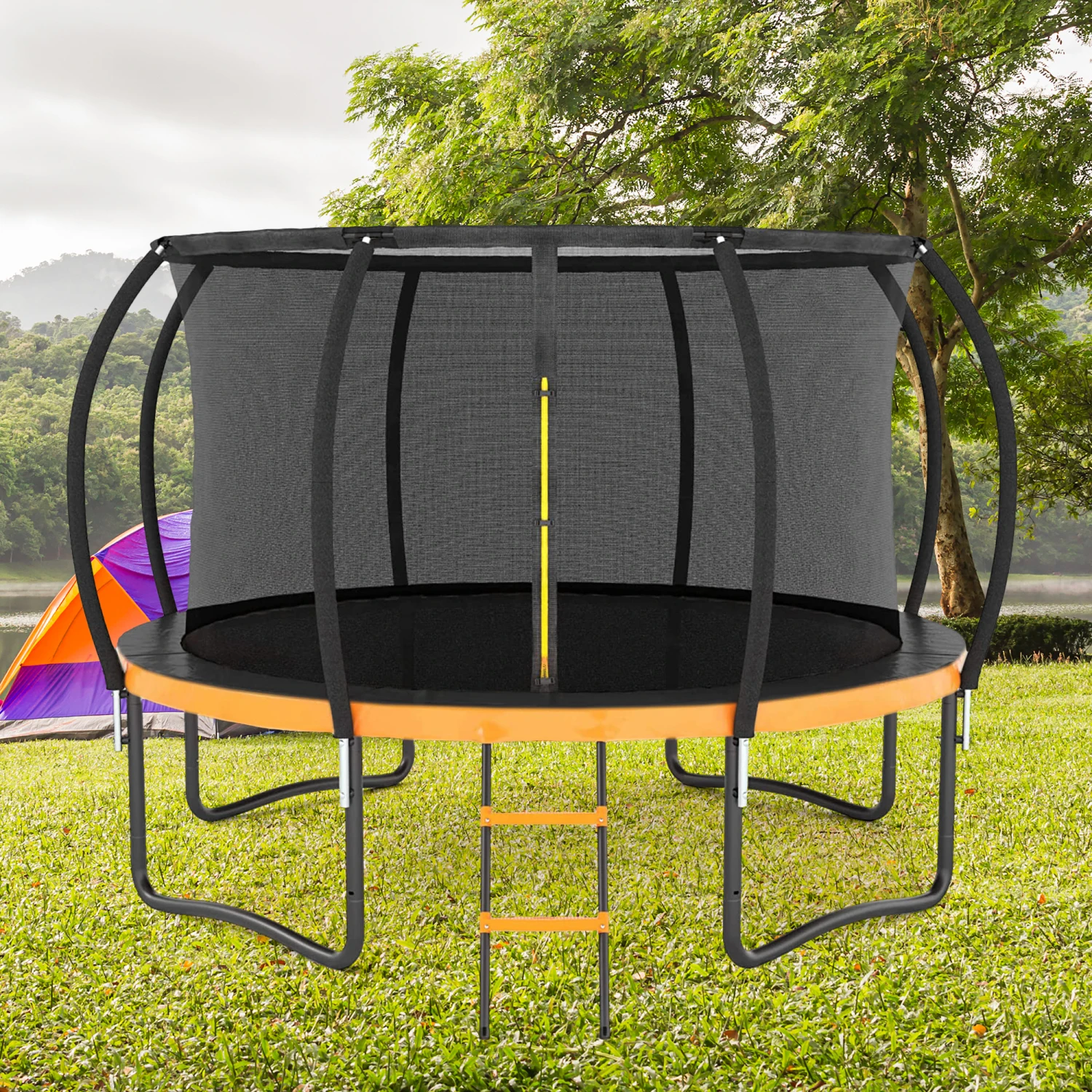 12FT Outdoor Big Trampoline With Inner Safety Enclosure Net, Ladder, PVC Spring Cover Padding, For Kids, Black&Orange Color